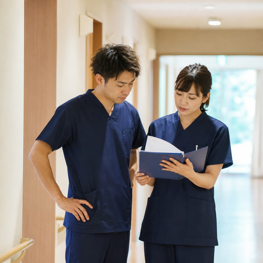 施設の廊下で資料を見ながら相談する介護スタッフ2人（実写）