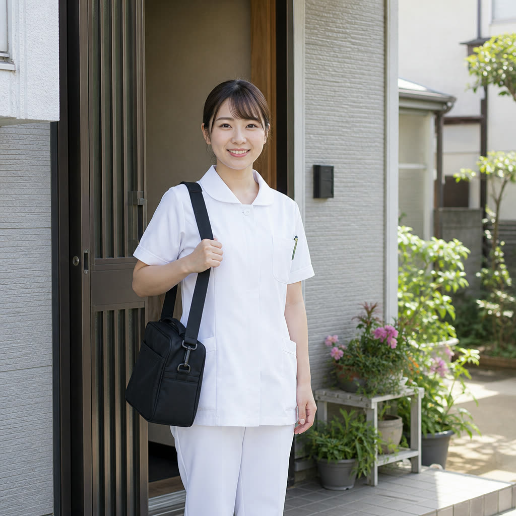 利用者の自宅の玄関先で看護バッグを持つ訪問看護師（実写）