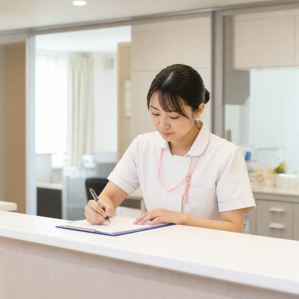 ナースステーションで記録を書く白い看護服の看護師