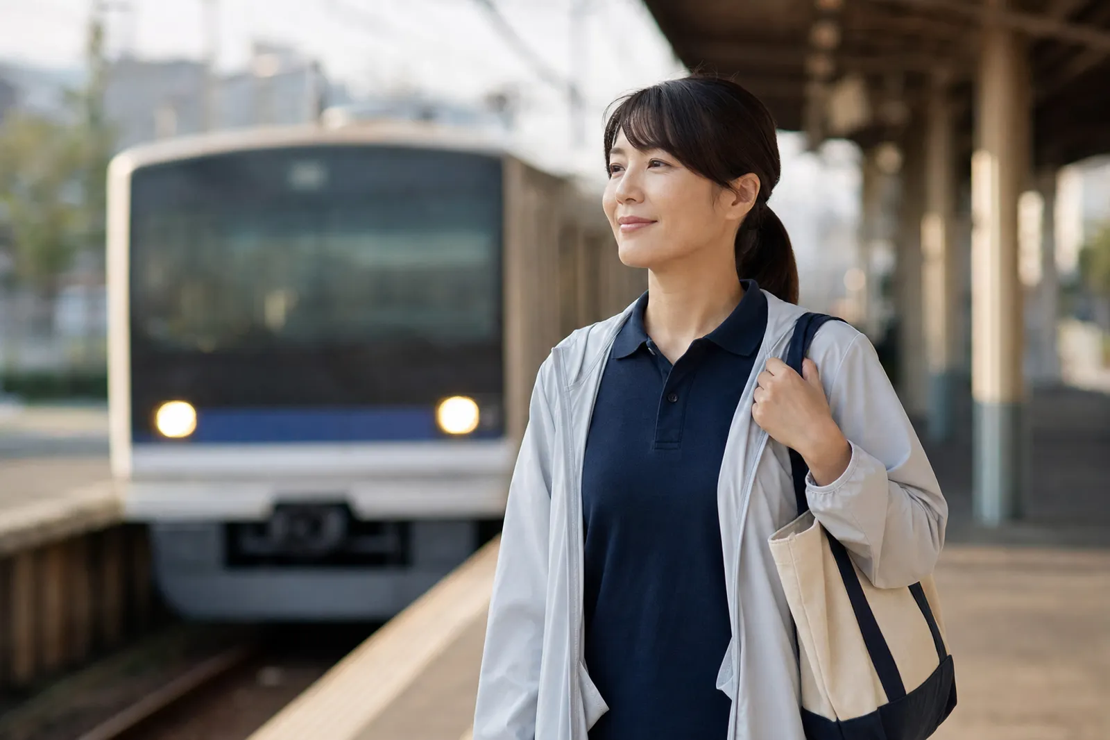 朝の駅のホームで電車を待つ紺の制服の介護職員(AIで生成したイメージ)