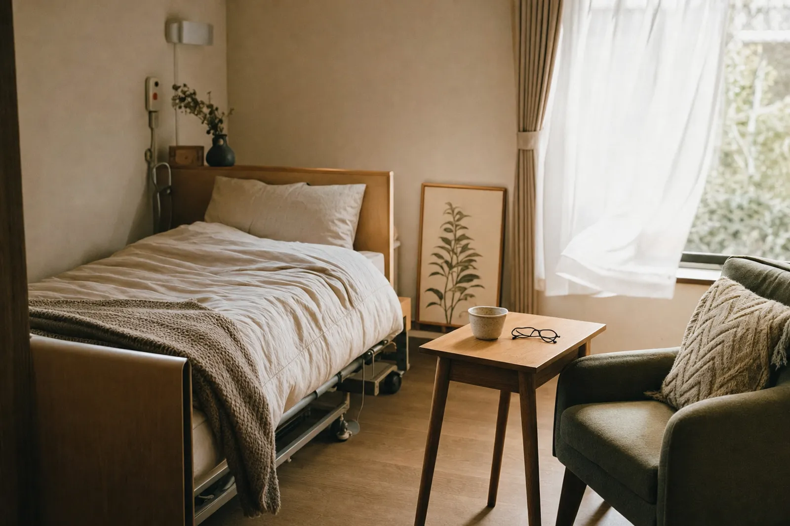 介護ベッドと木の家具がある居室（AIで生成したイメージ）